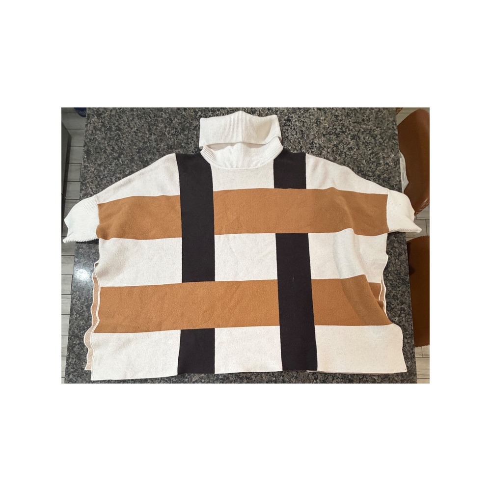 By Anthropologie Colorblock Turtleneck Poncho Sweater OS Tan Black Cream Knit